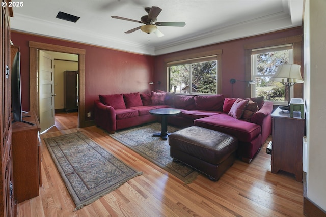 5450 Mill Creek Rd, The Dalles, OR 97058 - living room featuring wood finished floors, ornamental molding, and a ceiling fan