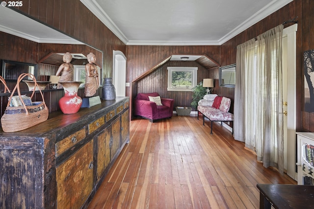 5450 Mill Creek Rd, The Dalles, OR 97058 - sitting room with hardwood / wood-style flooring, ornamental molding, and wooden walls