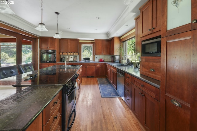 5450 Mill Creek Rd, The Dalles, OR 97058 - kitchen with black appliances, a sink, light wood-style flooring, pendant lighting, and crown molding