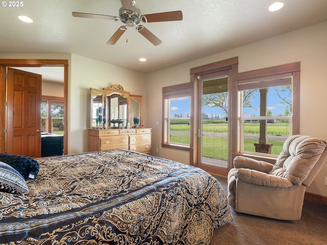 carpeted bedroom with recessed lighting, a ceiling fan, and access to outside
