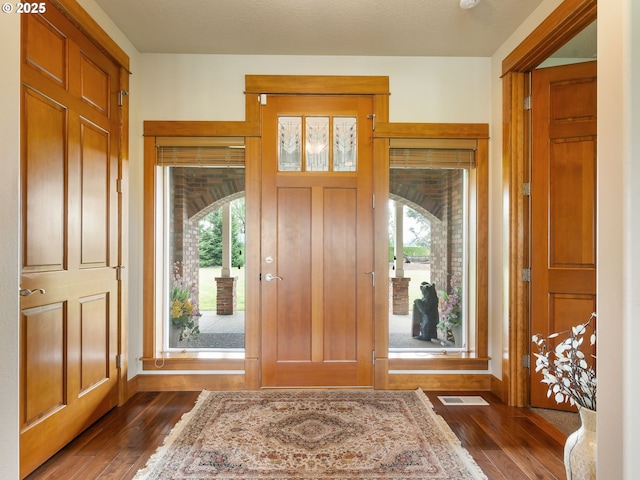 foyer featuring a healthy amount of sunlight, dark wood-style flooring, and visible vents
