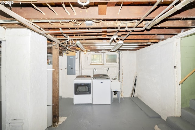 7228 N Villard Ave, Portland, OR 97217 - below grade area featuring washing machine and clothes dryer, electric panel, and stairway