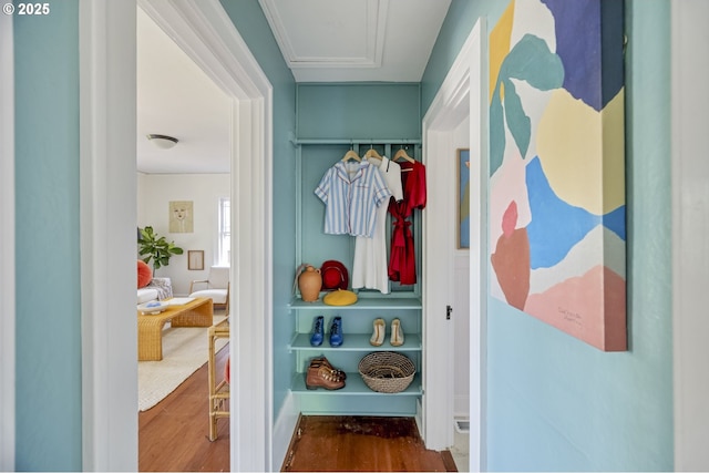 7228 N Villard Ave, Portland, OR 97217 - mudroom featuring wood finished floors and attic access