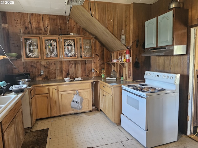 54901 Willow St, Heppner, OR 97836 - kitchen featuring white electric range, wood walls, under cabinet range hood, vaulted ceiling, and light flooring