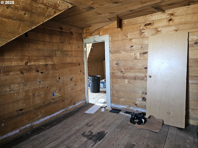 54901 Willow St, Heppner, OR 97836 - empty room with wood walls, dark wood finished floors, and wooden ceiling