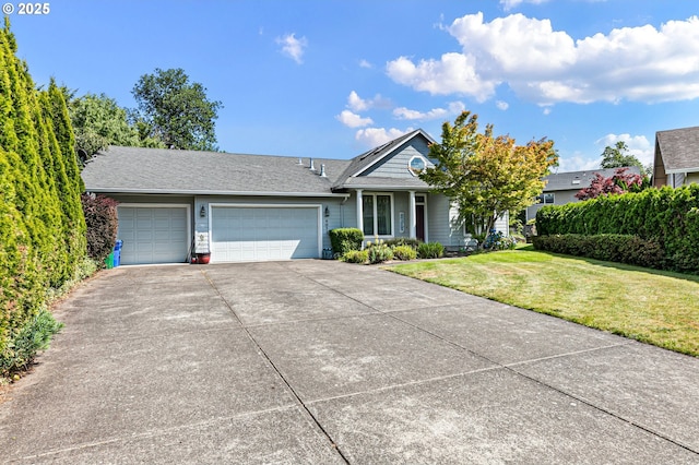 4053 Sabrena Ave, Eugene, OR 97404 - single story home with an attached garage, driveway, a front yard, and a shingled roof