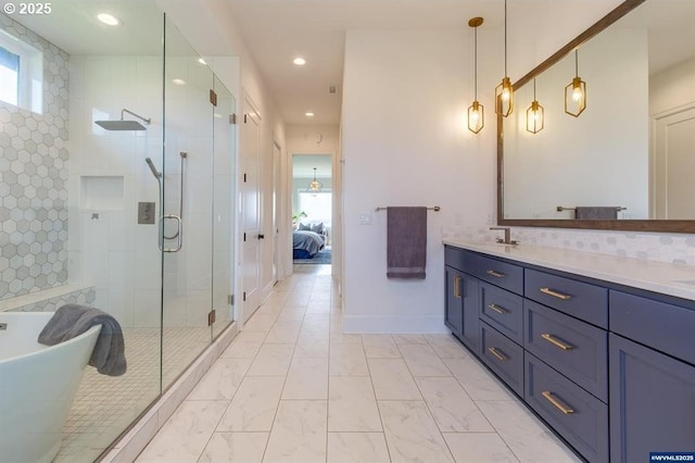 bathroom featuring vanity, recessed lighting, a shower stall, marble finish floor, and connected bathroom