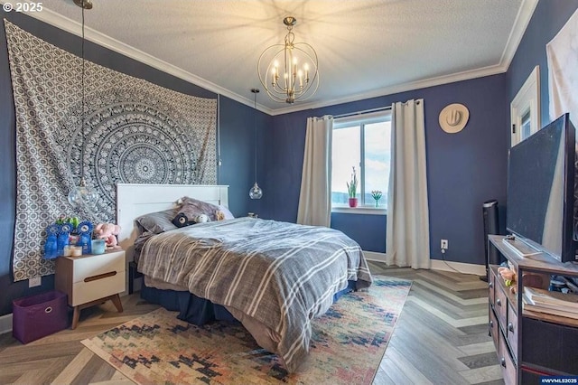 bedroom with a chandelier, baseboards, a textured ceiling, and ornamental molding