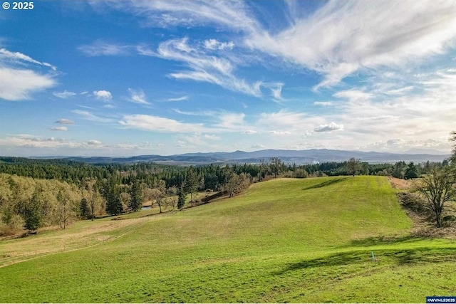 view of property's community with a lawn, a mountain view, and a forest view