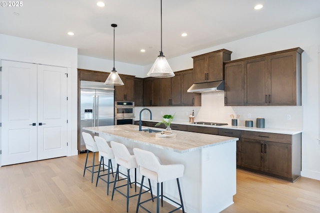 310 W Fir Loop, Washougal, WA 98671 - kitchen with stainless steel appliances, under cabinet range hood, light wood-style floors, dark brown cabinets, and tasteful backsplash