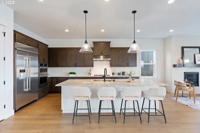 310 W Fir Loop, Washougal, WA 98671 - kitchen featuring stainless steel appliances, under cabinet range hood, dark brown cabinets, light wood-type flooring, and decorative backsplash