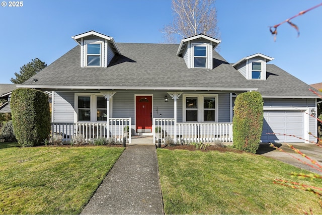 new england style home featuring a front yard, covered porch, an attached garage, and a shingled roof