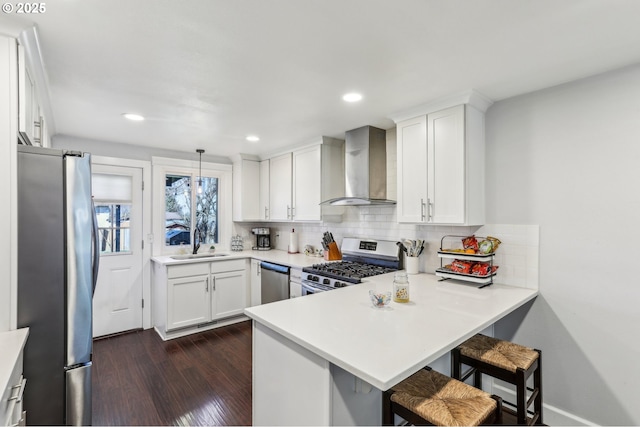 kitchen featuring a sink, appliances with stainless steel finishes, wall chimney exhaust hood, white cabinets, and decorative backsplash