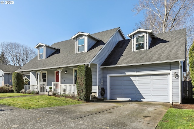 new england style home with an attached garage, a front yard, roof with shingles, covered porch, and driveway