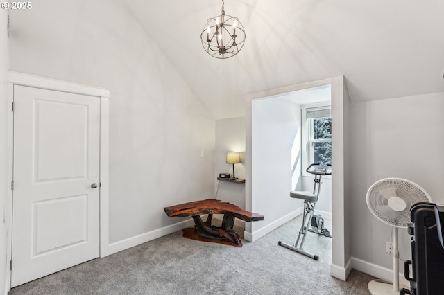 workout room with vaulted ceiling, carpet, baseboards, and a chandelier