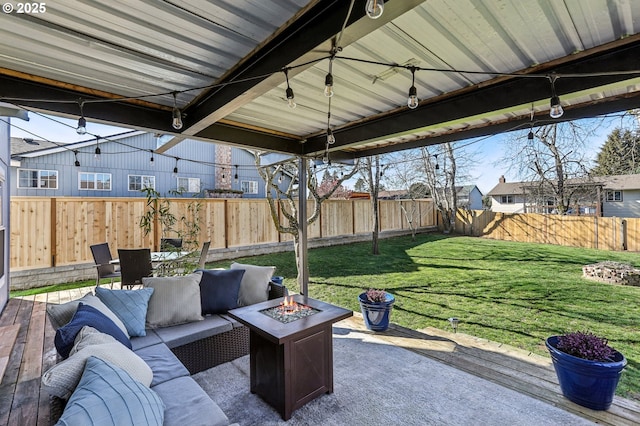 view of patio / terrace featuring an outdoor living space with a fire pit and a fenced backyard