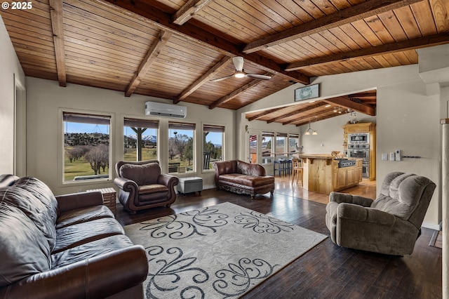 living room with lofted ceiling with beams, wood ceiling, wood-type flooring, and a wall mounted AC