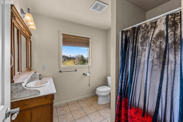 full bath with tile patterned floors, visible vents, toilet, baseboards, and vanity