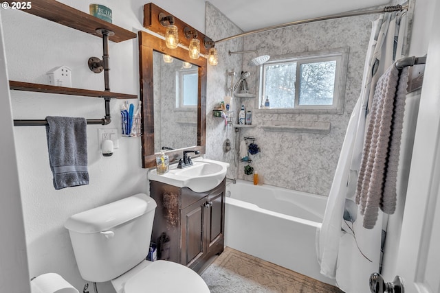 full bath with vanity, toilet, and shower / bathtub combination with curtain