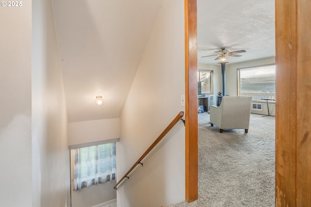 stairway with a wood stove, a ceiling fan, and carpet floors