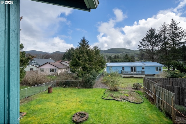 view of yard featuring a mountain view and a fenced backyard