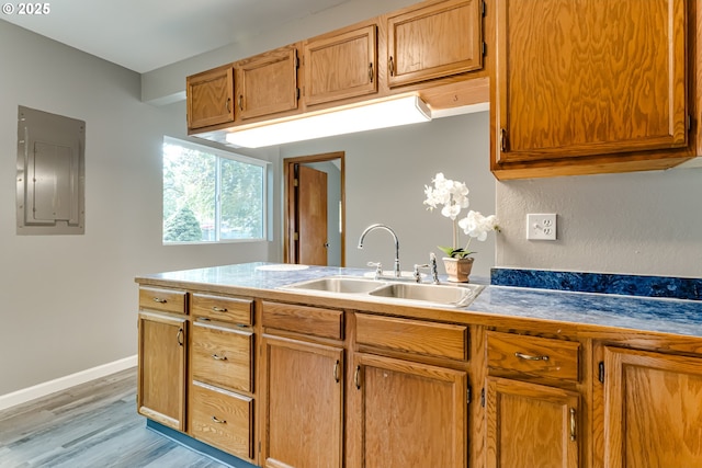 284 Waite St, Eugene, OR 97402 - kitchen with a sink, electric panel, light wood-style flooring, baseboards, and a peninsula