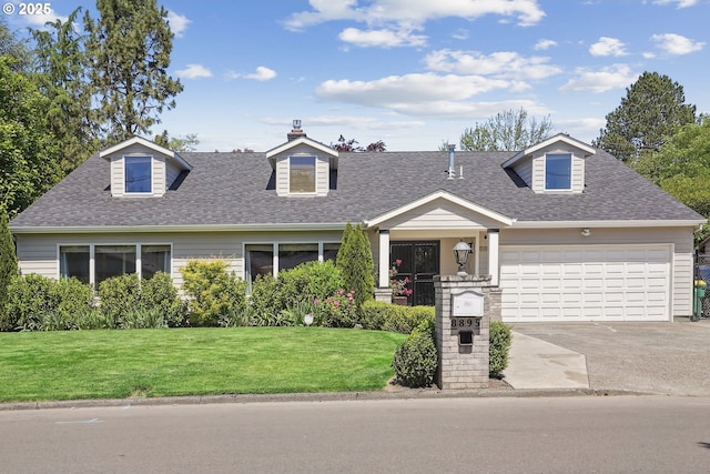 8895 SW Bohmann Pkwy, Portland, OR 97223 - cape cod home featuring roof with shingles, an attached garage, a front yard, driveway, and a chimney