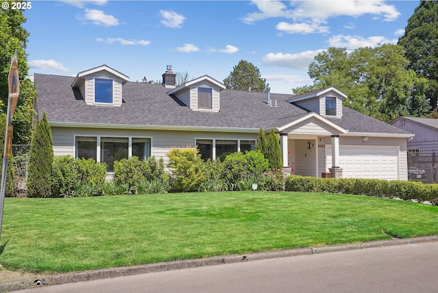 8895 SW Bohmann Pkwy, Portland, OR 97223 - cape cod-style house with a front lawn, a garage, a chimney, and a shingled roof
