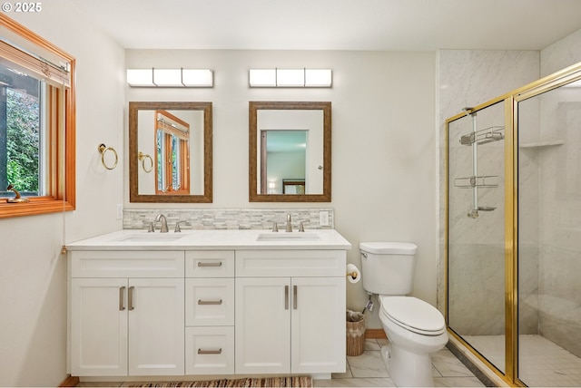 8895 SW Bohmann Pkwy, Portland, OR 97223 - bathroom featuring toilet, double vanity, a stall shower, backsplash, and baseboards