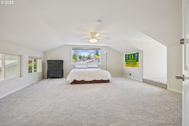 8895 SW Bohmann Pkwy, Portland, OR 97223 - carpeted bedroom featuring vaulted ceiling, a ceiling fan, and baseboards