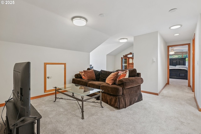 8895 SW Bohmann Pkwy, Portland, OR 97223 - living area featuring light carpet, baseboards, vaulted ceiling, and ceiling fan