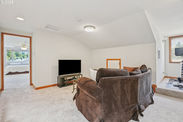 8895 SW Bohmann Pkwy, Portland, OR 97223 - living room with light colored carpet, plenty of natural light, attic access, lofted ceiling, and baseboards