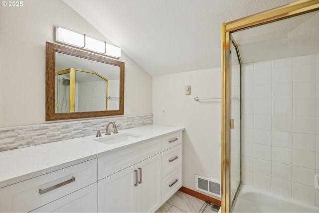8895 SW Bohmann Pkwy, Portland, OR 97223 - bathroom with lofted ceiling, vanity, decorative backsplash, and shower / bath combination