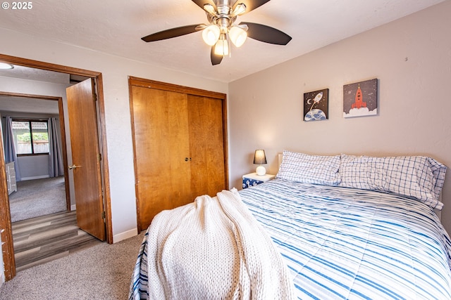 3308 Honeywood St, Eugene, OR 97408 - bedroom with a closet, carpet floors, baseboards, and a ceiling fan