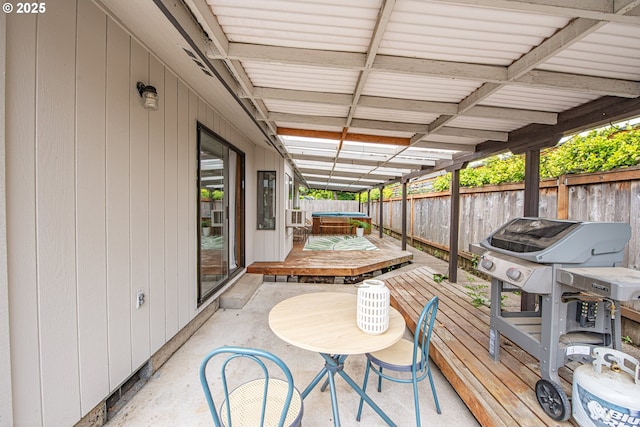 3308 Honeywood St, Eugene, OR 97408 - wooden deck featuring a fenced backyard, a jacuzzi, grilling area, and a patio