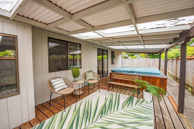 3308 Honeywood St, Eugene, OR 97408 - wooden terrace featuring a hot tub and a fenced backyard