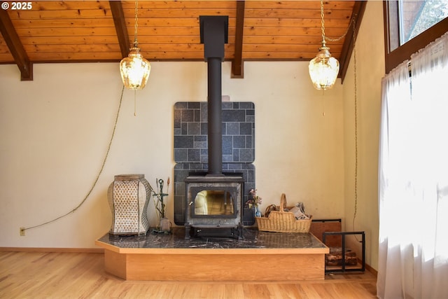 details with a wood stove, wooden ceiling, beam ceiling, and wood finished floors