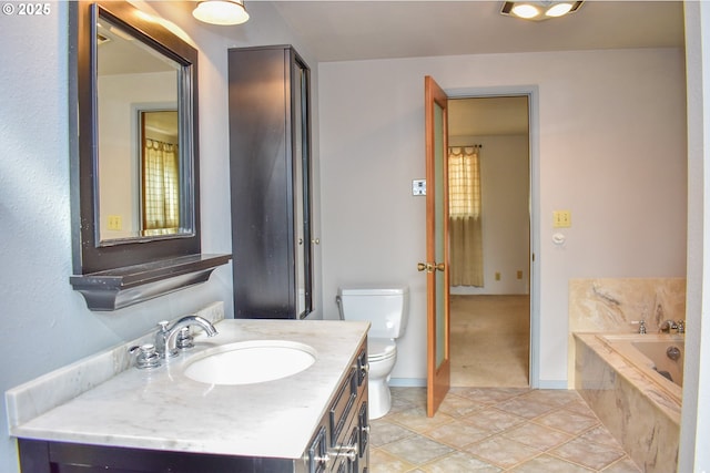 full bath featuring toilet, a garden tub, tile patterned flooring, and vanity