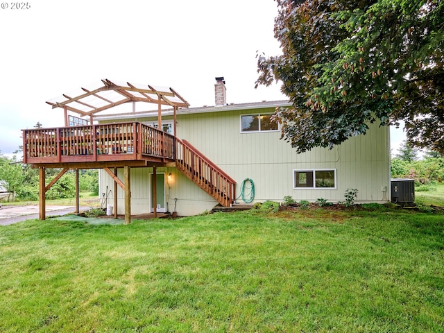 13601 S Union Hall Rd, Canby, OR 97013 - back of house with stairs, a pergola, a chimney, a wooden deck, and a yard