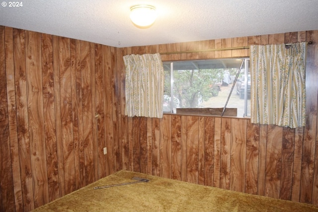 carpeted spare room with a textured ceiling and wood walls