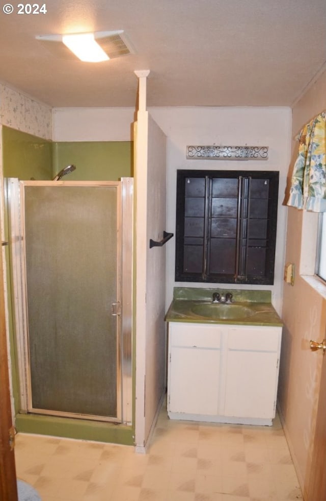 bathroom featuring vanity, tile patterned floors, and a stall shower