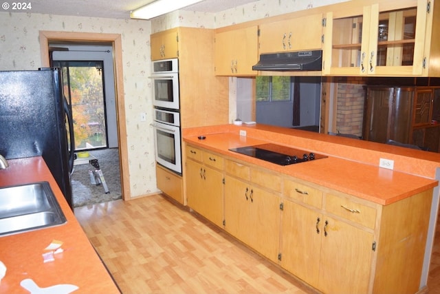 kitchen featuring wallpapered walls, under cabinet range hood, a sink, light wood finished floors, and black appliances