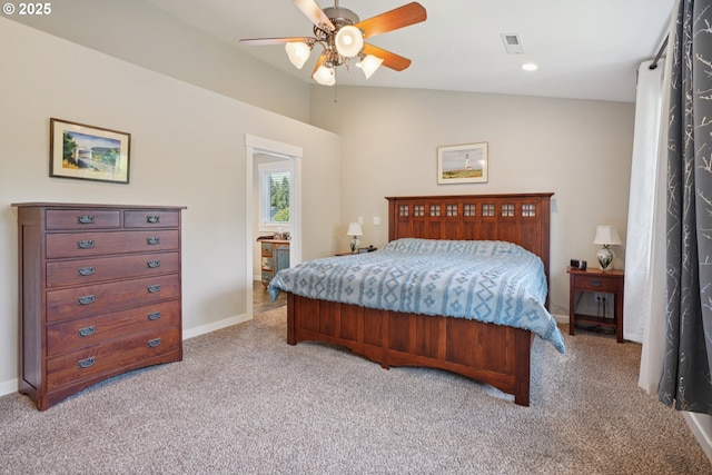 219 W Christy Ct, Yacolt, WA 98675 - bedroom with light colored carpet, vaulted ceiling, baseboards, and ceiling fan