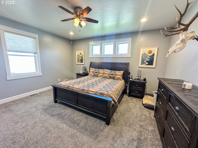 2950 Birch St, Baker City, OR 97814 - bedroom with light colored carpet, baseboards, recessed lighting, and ceiling fan