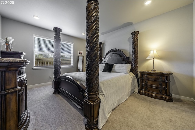 bedroom with carpet floors, recessed lighting, and baseboards