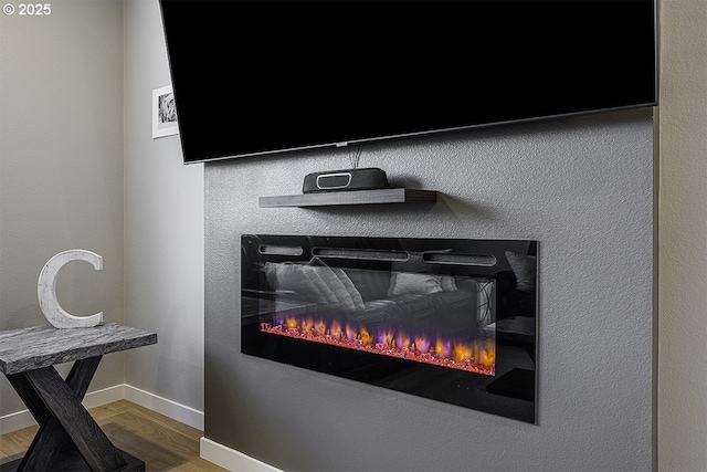 room details featuring a glass covered fireplace, wood finished floors, and baseboards