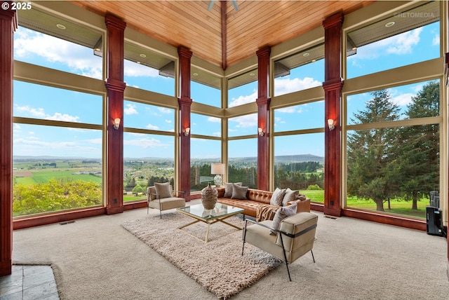 45585 NW David Hill Rd, Forest Grove, OR 97116 - sunroom / solarium with carpet flooring, a towering ceiling, wooden ceiling, healthy amount of natural light, and a mountain view