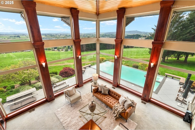 45585 NW David Hill Rd, Forest Grove, OR 97116 - sunroom / solarium with wooden ceiling, a mountain view, and carpet floors