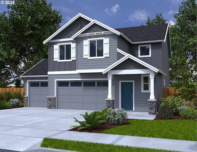 2393 W 7th Ave, Junction City, OR 97448 - craftsman house with fence, roof with shingles, concrete driveway, and stone siding