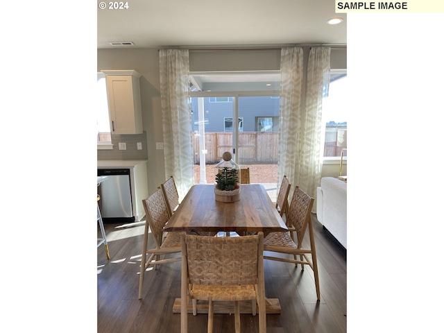 2393 W 7th Ave, Junction City, OR 97448 - dining room featuring visible vents, dark wood-style flooring, and plenty of natural light